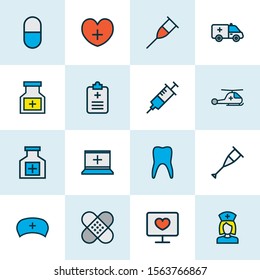 Medicine icons colored line set with crutch, pill, pill bottle and other healthcare
 elements. Isolated vector illustration medicine icons.