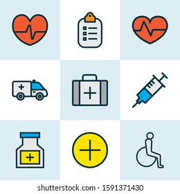 Medicine icons colored line set with medicine chest, vaccine, heartbeat and other medical case elements. Isolated vector illustration medicine icons.