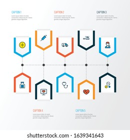 Medicine icons colored line set with instrument, medical worker, first aid car and other vitamin elements. Isolated vector illustration medicine icons.