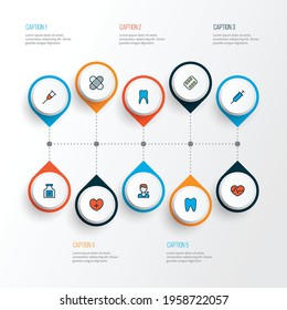 Medicine icons colored line set with medicament, drugs, heart and other enamel elements. Isolated vector illustration medicine icons.