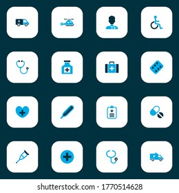 Medicine icons colored set with crutch, stethoscope, aid-case and other physician elements. Isolated vector illustration medicine icons.