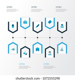 Medicine icons colored set with medicine, pellets, thermometer and other hospital  elements. Isolated vector illustration medicine icons.