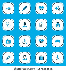 Medicine icons colored set with syringe, pulse, cure and other temperature elements. Isolated vector illustration medicine icons.