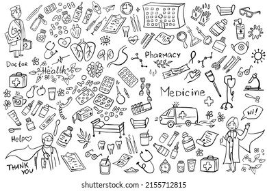 Medicine icons doodle set on white. Health care, pharmacy icons. Vector illustration.