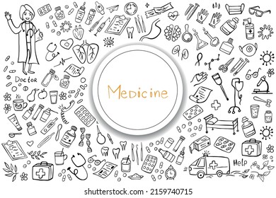 Medicine icons doodle set on white. Health care, pharmacy icons. Vector illustration.