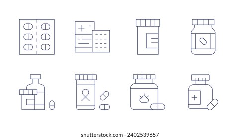 Medicine icons. Editable stroke. Containing pills, medicine.