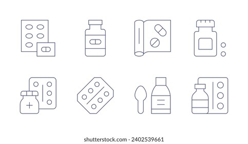 Medicine icons. Editable stroke. Containing medicine, pills, pill, syrup.