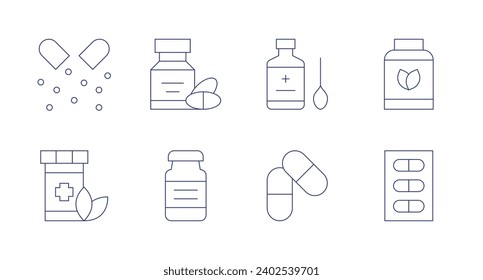 Iconos de la medicina. Trazo editable. Contiene medicina natural, medicina, vial, cápsula, jarabe, pastillas, vegano.