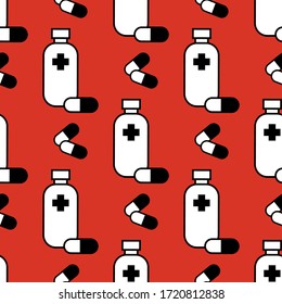 Medicine icons. Flat line style. Seamless pattern. Horizontal projection. Vector illustration for web design or print.