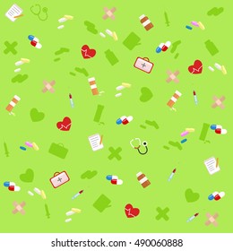 Medicine Icons Flat set Background. Colorful Tablets and Capsules. medicine bottle, pills, vitamins, 