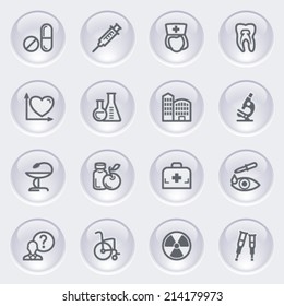 Medicine icons with glossy buttons on gray background.