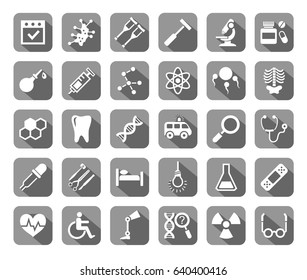 Medicine, icons, grey with shadow, vector. Medical services specialization. The profession of doctors. Medical instruments. White, flat images on a gray background with shadow. 