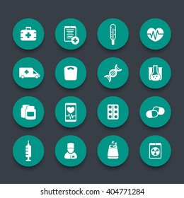 medicine icons, health care, ambulance, hospital, pills, drugs, medicine pictograms, green round icons, vector illustration