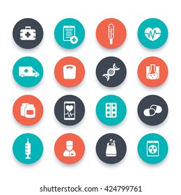 medicine icons, health care, ambulance, hospital, pills vector sign, drugs, medicine pictograms, round icons, vector illustration