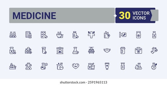 Medicine icons. Includes icons for recipe, pharmaceutical, medicine, vaccine, medication, chemistry and more. Line symbol. Solid line editable stroke. Vector collection.