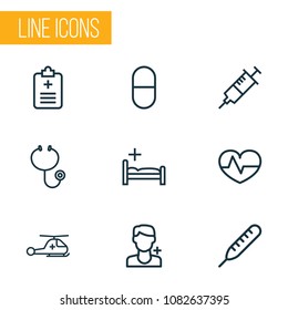 Medicine icons line style set with stethoscope, clinic, questionnaire and other hear  elements. Isolated vector illustration medicine icons.