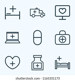 Medicine icons line style set with equipment, pills, ambulance and other fist aid   elements. Isolated vector illustration medicine icons.