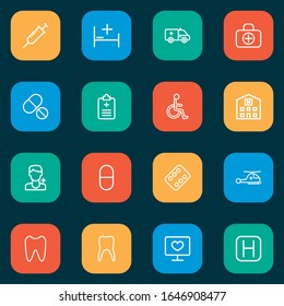 Medicine icons line style set with first-aid car, pills, tooth and other claw elements. Isolated vector illustration medicine icons.