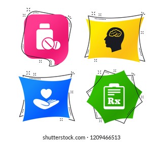 Medicine icons. Medical tablets bottle, head with brain, prescription Rx signs. Pharmacy or medicine symbol. Hand holds heart. Geometric colorful tags. Banners with flat icons. Trendy design. Vector