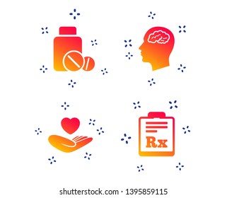 Medicine icons. Medical tablets bottle, head with brain, prescription Rx signs. Pharmacy or medicine symbol. Hand holds heart. Random dynamic shapes. Gradient health icon. Vector