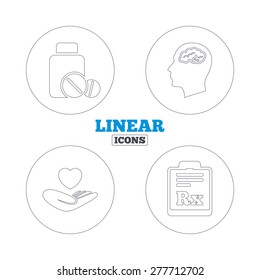 Medicine icons. Medical tablets bottle, head with brain, prescription Rx signs. Pharmacy or medicine symbol. Hand holds heart. Linear outline web icons. Vector