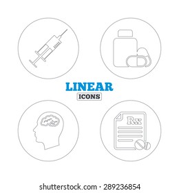 Medicine icons. Medical tablets bottle, head with brain, prescription Rx and syringe signs. Pharmacy or medicine symbol. Linear outline web icons. Vector