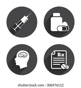 Medicine icons. Medical tablets bottle, head with brain, prescription Rx and syringe signs. Pharmacy or medicine symbol. Circles buttons with long flat shadow. Vector