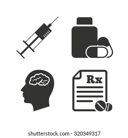 Medicine icons. Medical tablets bottle, head with brain, prescription Rx and syringe signs. Pharmacy or medicine symbol. Flat icons on white. Vector