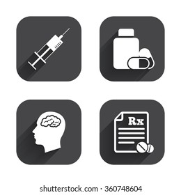 Medicine icons. Medical tablets bottle, head with brain, prescription Rx and syringe signs. Pharmacy or medicine symbol. Square flat buttons with long shadow.