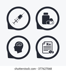 Medicine icons. Medical tablets bottle, head with brain, prescription Rx and syringe signs. Pharmacy or medicine symbol. Flat icon pointers.