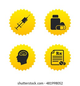 Medicine icons. Medical tablets bottle, head with brain, prescription Rx and syringe signs. Pharmacy or medicine symbol. Yellow stars labels with flat icons. Vector
