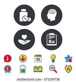 Medicine icons. Medical tablets bottle, head with brain, prescription Rx signs. Pharmacy or medicine symbol. Hand holds heart. Calendar, Information and Download signs. Stars, Award and Book icons