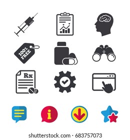 Medicine icons. Medical tablets bottle, head with brain, prescription Rx and syringe signs. Pharmacy or medicine symbol. Browser window, Report and Service signs. Vector