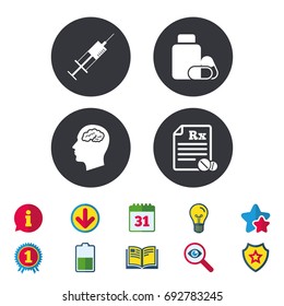 Medicine icons. Medical tablets bottle, head with brain, prescription Rx and syringe signs. Pharmacy or medicine symbol. Calendar, Information and Download signs. Stars, Award and Book icons. Vector