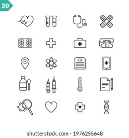 Medicine icons.  medical vector lines.  Hospital and illness symbols. Health icon outline