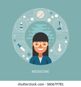 Medicine Icons and Objects in the Shape of Circle. Doctor Cartoon Character. Vector Illustration in Flat Design Style