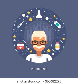 Medicine Icons and Objects in the Shape of Circle. Doctor Cartoon Character. Vector Illustration in Flat Design Style