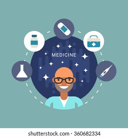 Medicine Icons and Objects in the Shape of Circle. Doctor Cartoon Character. Vector Illustration in Flat Design Style