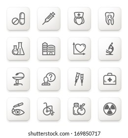 Medicine icons on white buttons.