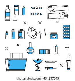 Medicine icons pharmacy blue illustration flat linear isolated on white background / vector eps 10