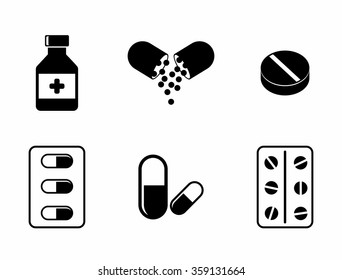 Medicine icons - Pills, Capsules and Prescription Bottle. Drugs vector illustration.