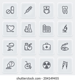 Medicine icons with plastics buttons on gray background.