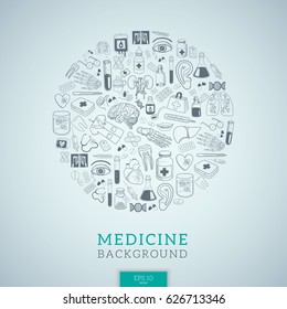 Medicine icons in round shape. Healthcare medical background. Vector sketch symbols composition