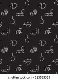 Medicine icons seamless pattern from cardiogram, pill, enema. Vector