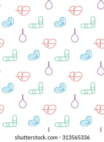 Medicine icons seamless pattern from cardiogram, pill, enema. Vector
