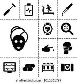 Medicine icons. set of 13 editable filled medicine icons such as treadmill, spa mask, heartbeat, pipette, bacteria, medical mask, injured finger, heartbeat watch