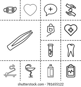 Medicine icons. set of 13 editable outline medicine icons such as test tube, heart with cross, tooth, heartbeat clipboard, hands holding heart, drop counter, medical cross