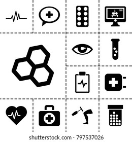 Medicine icons. set of 13 editable filled medicine icons such as test tube, chemical structure, heartbeat, pill, x-ray on display, medical cross, knee hammer reaction check