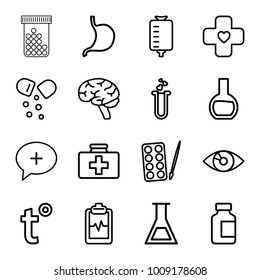 Medicine icons. set of 16 editable outline medicine icons such as paints, first aid kit, drop counter, medical bottle, stomach, brain, heartbeat clipboard, heart test tube