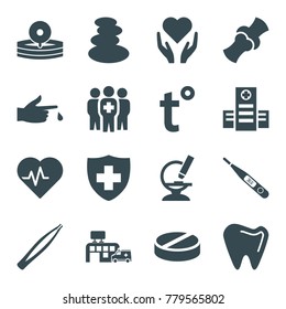 Medicine icons. set of 16 editable filled medicine icons such as spa stones, hand with heart, heartbeat, hospital, pill, bone, medical sign, microscope, injured finger